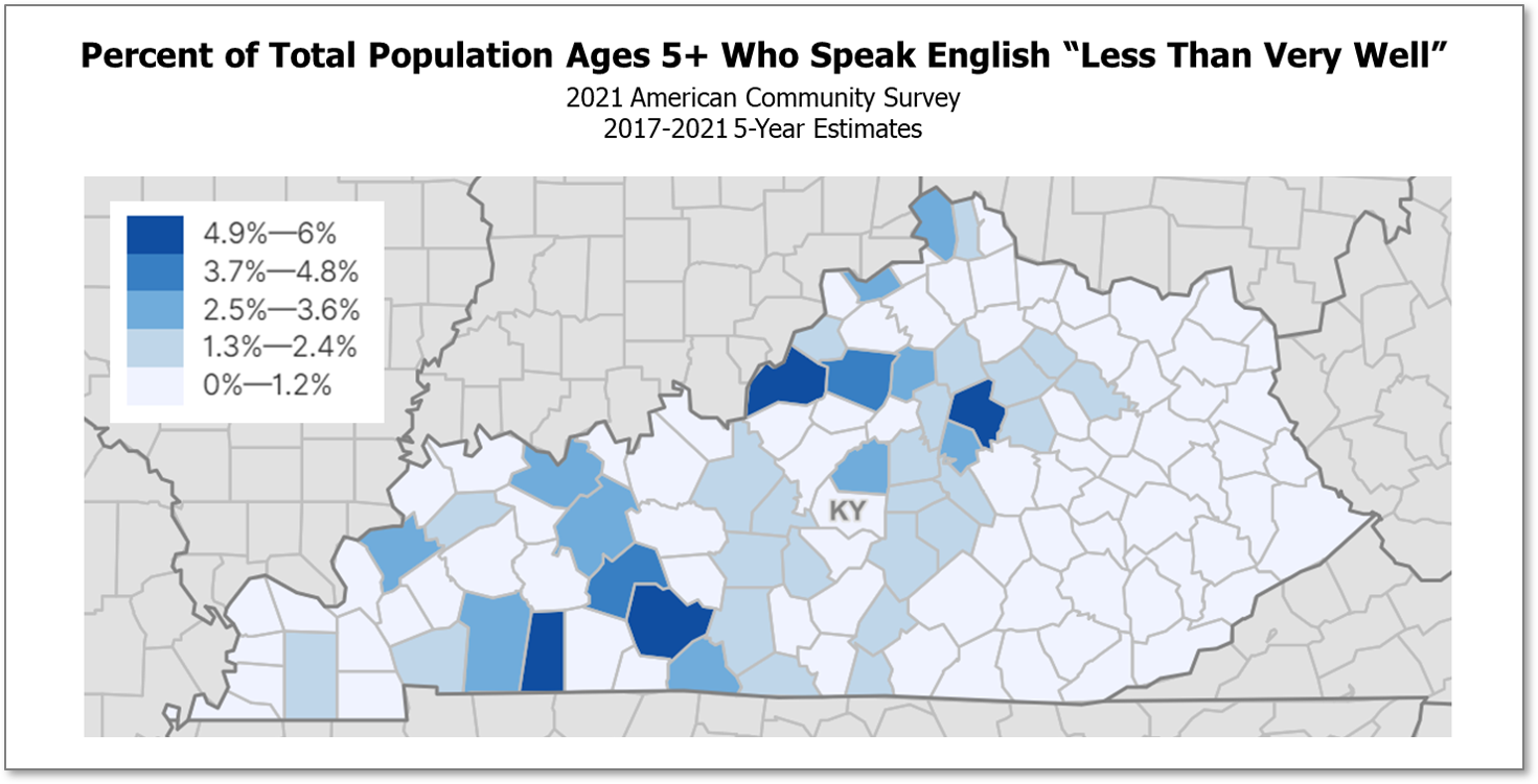 Map of Percent of Population Ages 5+ who Speak English "Less than very well"