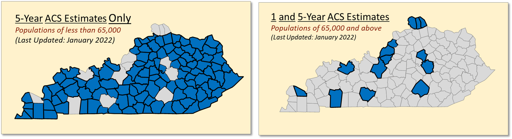 Maps of Kentucky Counties with 1 and 5 year ACS estimates